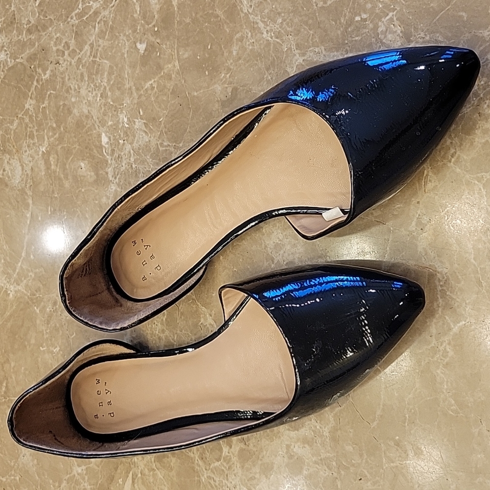 A New Day Black Patent Slip-on Pointed-toe Ballet Flats, Sz 7.5